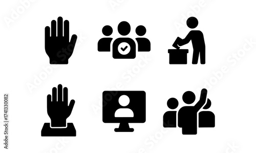 Bold black icons of voting and participation themes in modern design