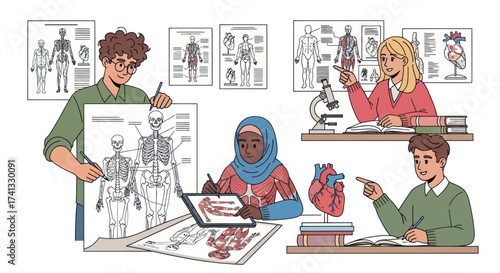 Diverse students engaged in a human anatomy lesson with skeletal charts and a heart model.