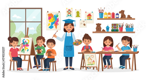 Childrens Art Class with Teacher and Students Creating Masterpieces.
