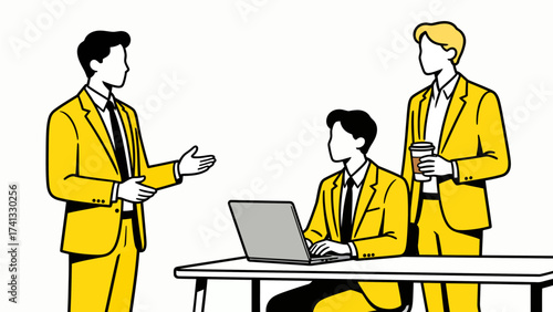 Three men in yellow suits working together