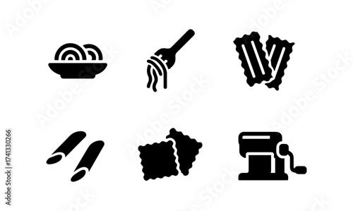 Silhouette icons of pasta dishes and utensils for italian cuisine