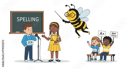 Diverse children participating in a school spelling bee competition with a cartoon bee character.