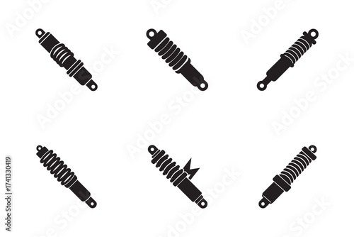 Various Car Shock Absorber Designs Silhouettes on White Background Illustration of Automobile Parts Maintenance and Vehicle Component Technologies