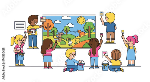 Diverse children joyfully painting a vibrant landscape mural with brushes.