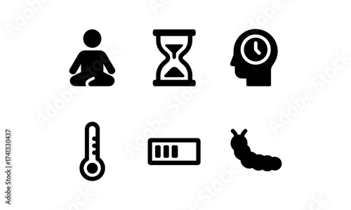 Mindfulness and time: meditation, hourglass, and productivity icons collection
