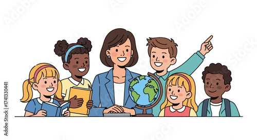 Smiling Teacher and Students with Globe Illustration.