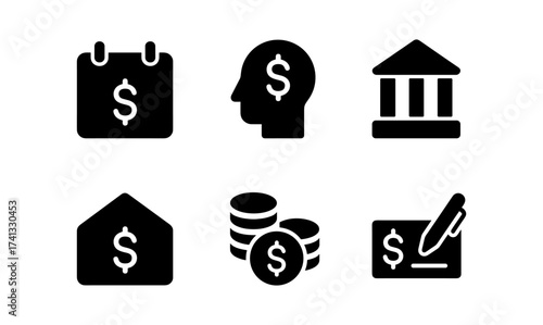 Financial icon set featuring money symbols in simple black silhouette style