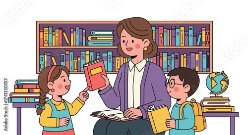 Teacher Reading to Students in Library with Bookshelves.
