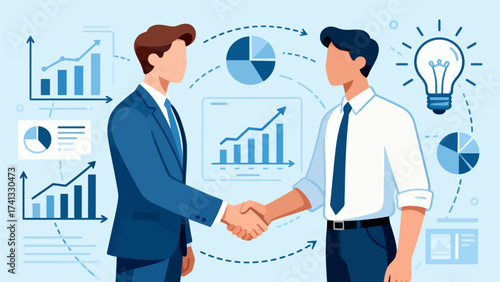 Two men shaking hands with business charts around