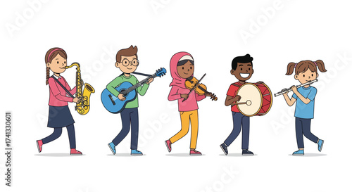 Cartoon Musicians Playing Instruments in a Line Cheerful and Colorful.