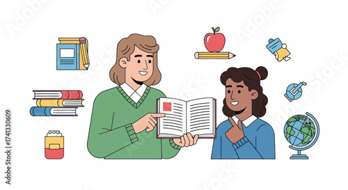 Teacher instructing student with books and educational items.