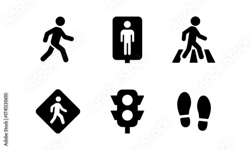 Silhouette set of pedestrian and traffic symbols with walking icons