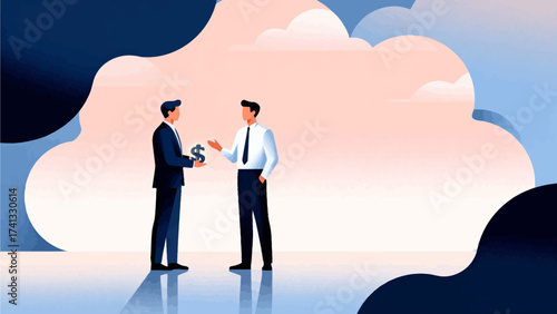 Two men exchanging money symbol
