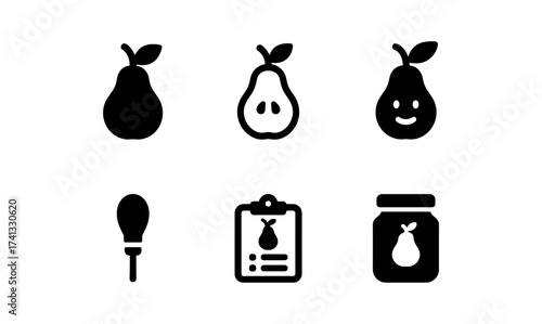 Simple pear icons in black: whole, halved, happy, jam, checklist, creative kitchen