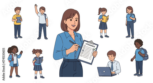 Diverse Group of Students with Teacher Holding Clipboard and Pen.