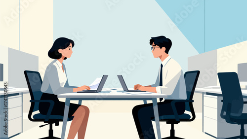 Two people working at office desk with laptops