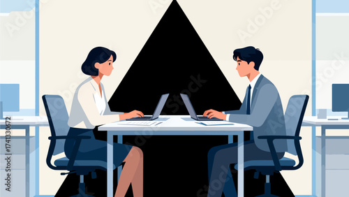 Two people working at laptops in office