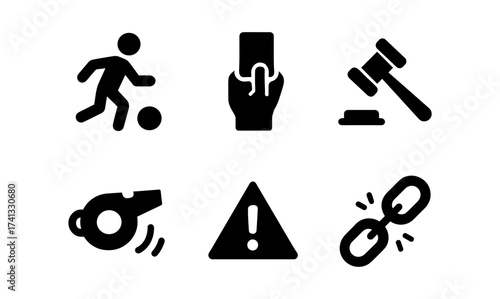 Set of sports and law symbols: soccer, whistle, gavel, warning, card, broken link