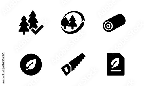 Eco-friendly forestry icons: sustainable management in black silhouette style