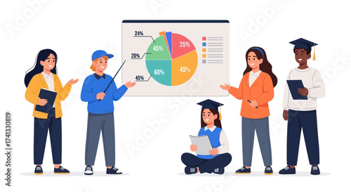Diverse group of students and graduates presenting data analysis with a pie chart.