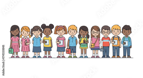 Diverse Group of Cartoon Children Students Standing in a Line Holding Books.