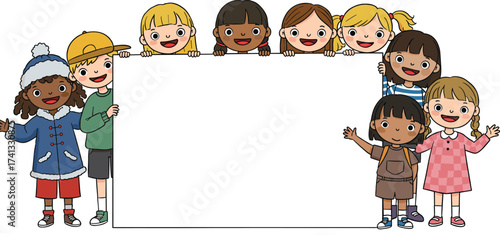 Cartoon children group holding blank white sign, happy kids illustration, diverse boys and girls smiling, colorful outfits, education banner, school poster, cheerful background design