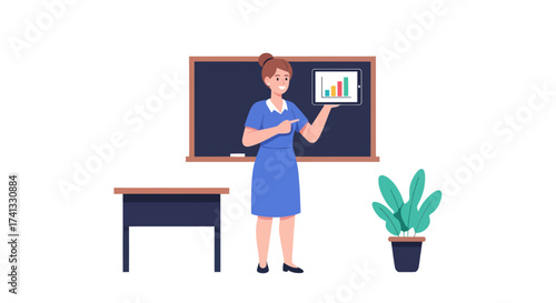 Female teacher in a blue dress presenting a bar chart in a classroom setting.