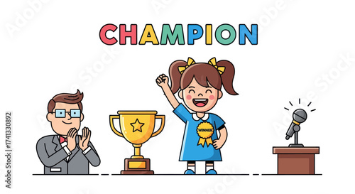 Cheerful Girl Champion Celebrating Victory with Trophy and Applause.