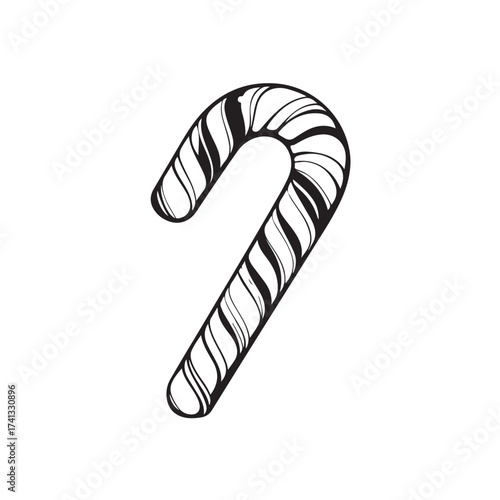 Candy cane silhouette, festive holiday vector, Christmas candy cane silhouette vector Illustration on white background, Black and white candy cane silhouette
