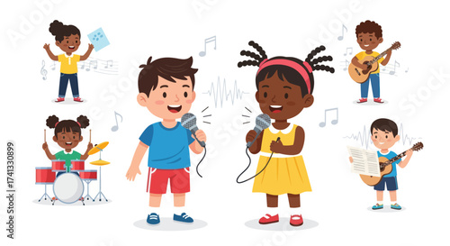 Diverse group of children enjoying music singing and playing instruments.