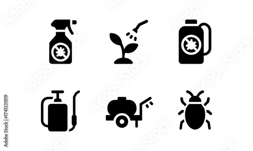 Pesticide and insect control icons set in black silhouette style