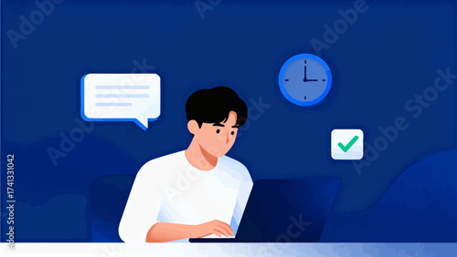 Man using laptop with icons around