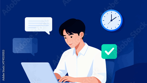 Man using laptop with icons around