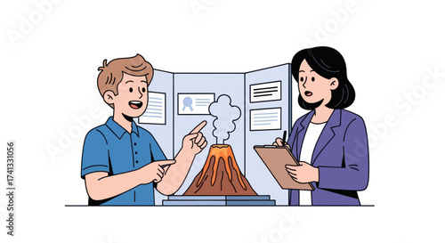 Enthusiastic student presenting his erupting volcano model to a judge at a school science fair.
