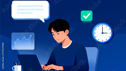 Man using laptop with digital icons around
