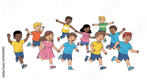 Diverse group of happy children running and playing together outdoors.