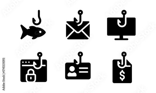 Phishing icons set: email, computer, browser, identity, security, finance