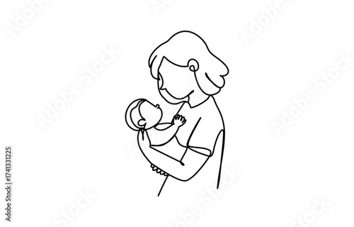Happy mothers day card woman holding baby one line drawing minimal art illustration