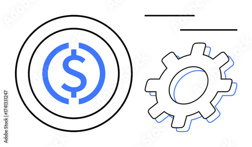 Coin with dollar sign alongside outlined gear symbolizing money systems, automation, and efficient workflows. Ideal for finance, technology, economy, business, innovation, management income ideas