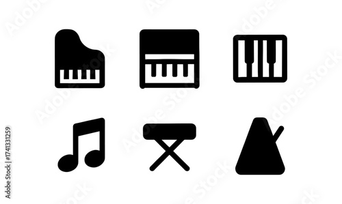 Set of piano and music icons in minimalist silhouette style for creative designs
