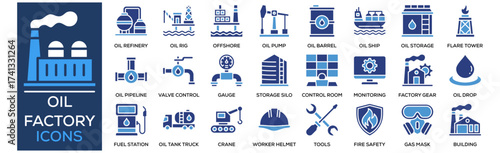Oil Factory icon collection set. Containing design Oil Refinery, Oil Rig, Offshore Platform, Oil Pump Jack, Oil Barrel