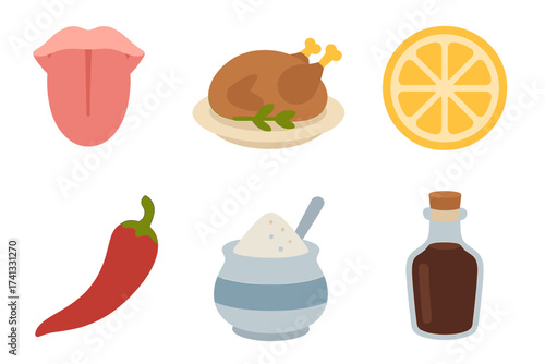 Six taste icons for sweet, sour, salty, umami, spicy. Food flavor concepts. Cooking ingredients vector set with tongue, lemon, chili, chicken, sugar, soy sauce illustration.