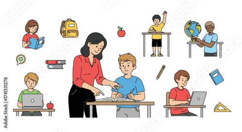 Teacher Assisting Student at Desk in Classroom Illustration.