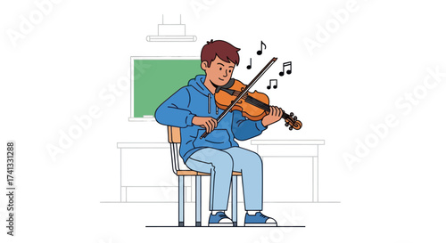 Young boy in a blue hoodie sitting on a chair and playing the violin a cartoon illustration of a music lesson.