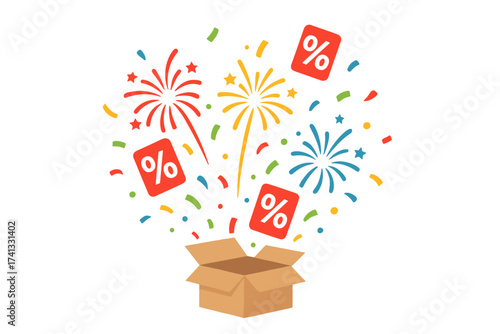 Sale promotion vector. Open surprise box exploding with fireworks, confetti, and percent discount coupons. Super deal, clearance, and special shopping offer. Winning prize concept.