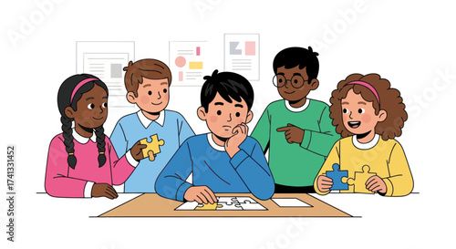 Diverse group of young children collaborating and learning together at a table.