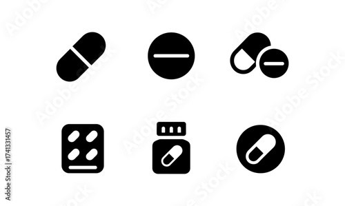 Simple black silhouettes of medicine capsules and tablets