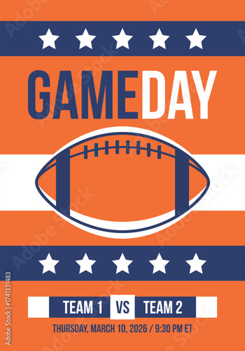 Game Day. American football playoff. Super Party in United States. Final game of regular season. Professional team championship. Ball for american football. Sport poster. Vector illustration