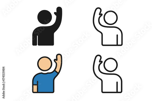 Character with arm raised vector icon set. Person asking a question, giving an answer, volunteering. Student symbol for participation, help, voting, support, or waving. Line, glyph.
