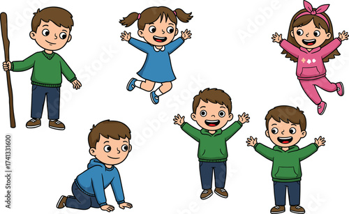 Cartoon children playing, happy kids jumping, cute boys and girls illustration, joyful childhood activity, fun group of children, playful poses, colorful character design